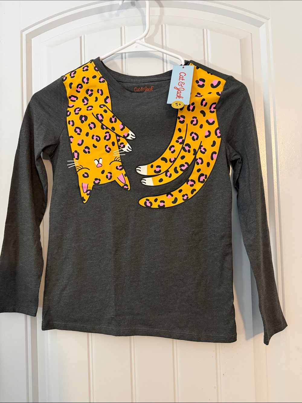 Cat & Jack Charcoal Long-Sleeve Shirt with Yellow Leopard Cat Graphic